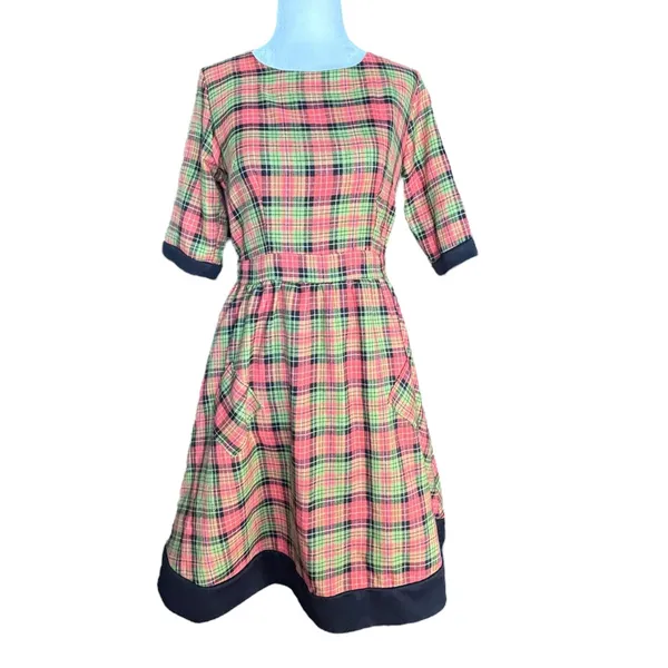 Retrolicious Orange Plaid Fit Flare Dress Small Pinup Retro Mod Rockabilly - Image 3