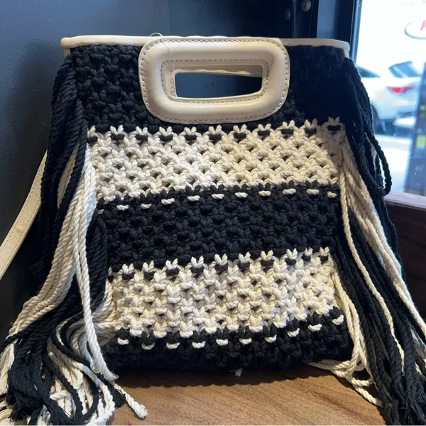 Maje M Bag in Leather and Bicolor Knit Black White Stripe Satchel NWT - Image 11