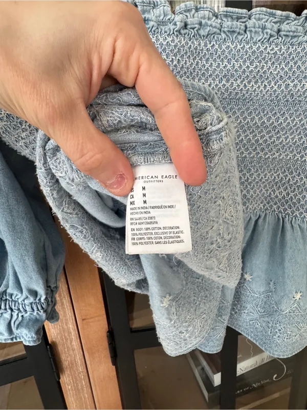 American Eagle babydoll top Denim Smocked Peplum square Puff Sleeve Embroidered - Image 7