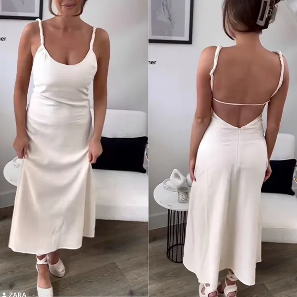 Zara Bloggers Fav Ecru Linen Blend Bohemian Open Back Cut Out Midi Dress‎ Sz L - Image 2