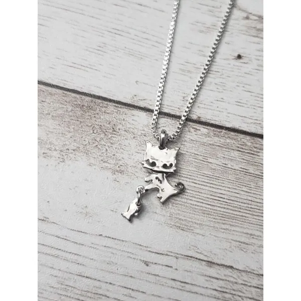 Silver Tone Cat with Fish Pendant Necklace - Whimsical - Image 3