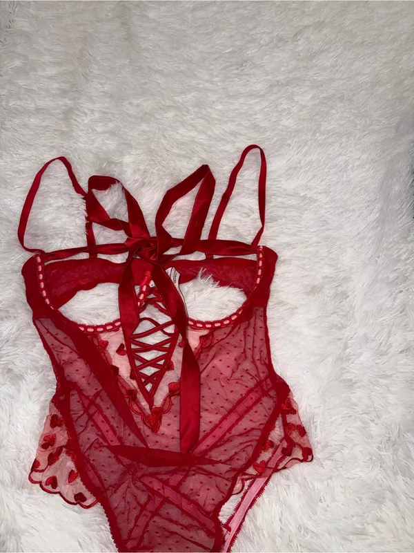 Victoria's Secret Red Sheer Lace-Up Teddy size Large Lingerie - Image 4