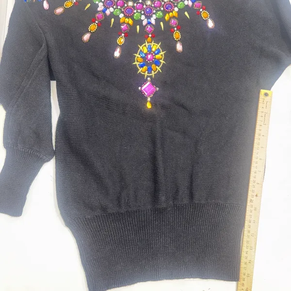 Vintage Beaded Jewel Black Sweater 80s 90s Glam Maximalist Statement Artsy Small - Image 6