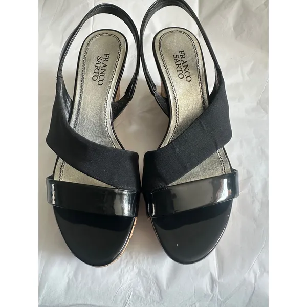 Franco Sarto Blink Black Patent Leather Cork Wedge Slingback Sandals Women 8M - Image 5