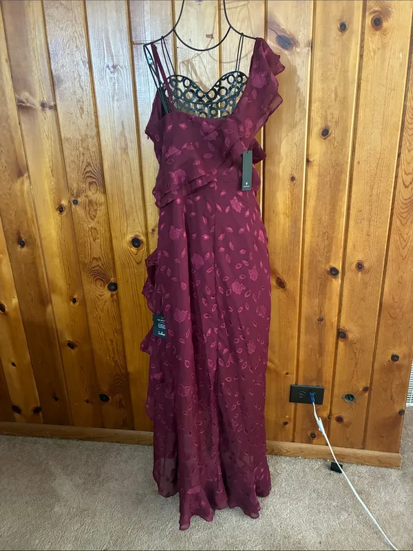 Lulus Forever Be Burgundy Floral Jacquard Ruffled Maxi Dress size large - Image 8