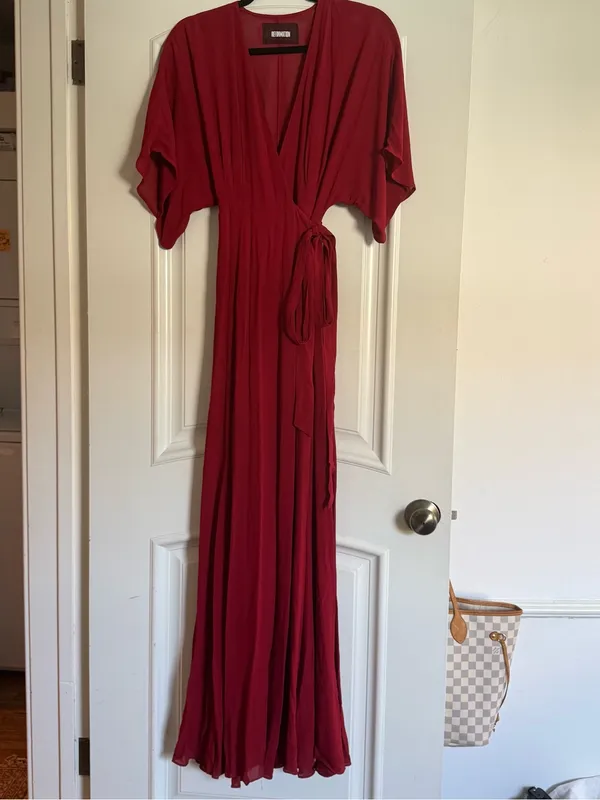 Reformation Winslow Red Wrap Maxi Dress with Tie Waist - Image 3