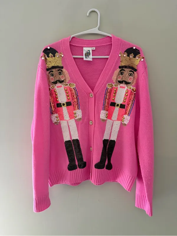 Queen of Sparkles Pink Sequin Nutcracker Christmas Cardigan Women S - Image 3
