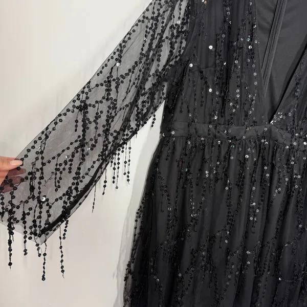 Double Crazy Sequin Mini Dress Plus Size 4XL Black Deep V-Neck Party Club Fringe - Image 7