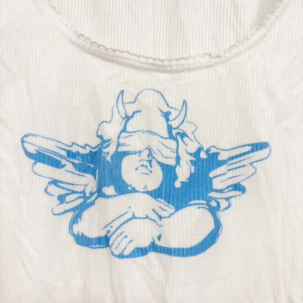 Boys Lie Womens White Blue Cherub Graphic Ribbed Lace Trim Crop Tank Top Size L - Image 2
