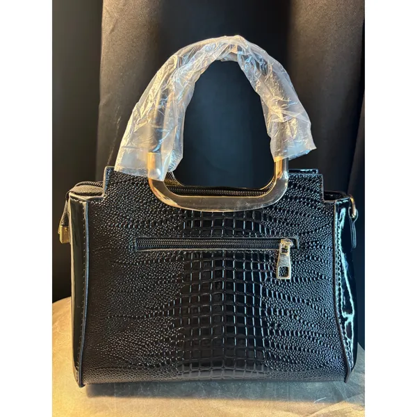 Danbaoly Black Croc Embossed Patent Satchel Handbag Gold Tone Hardware - Image 3