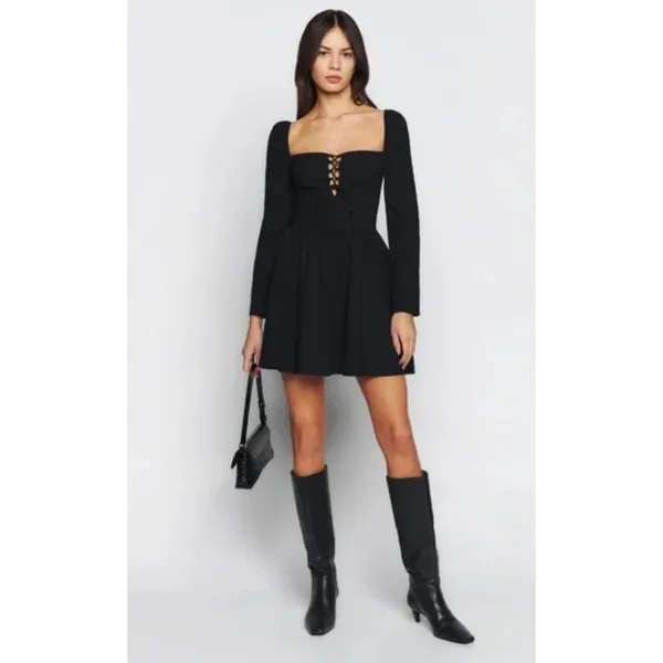 Reformation Johnny Mini Dress Womens 6 Black Square Neck Lace Up Cotton NWT - Image 2
