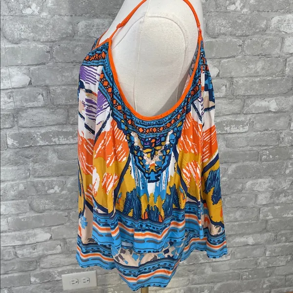 Flying Tomato colorful boho print semi sheer jewel tone cold shoulder top - Image 3