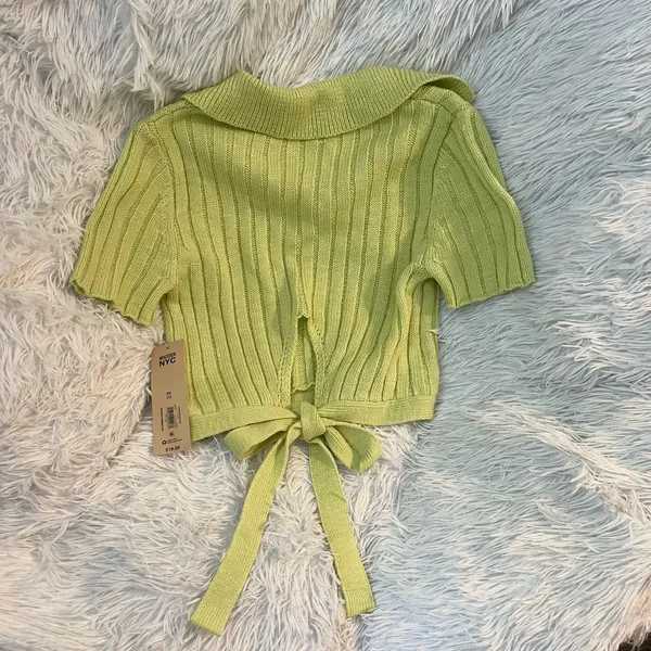 Cute Lime green Ribbed knit collar bow tie crop top - Image 4