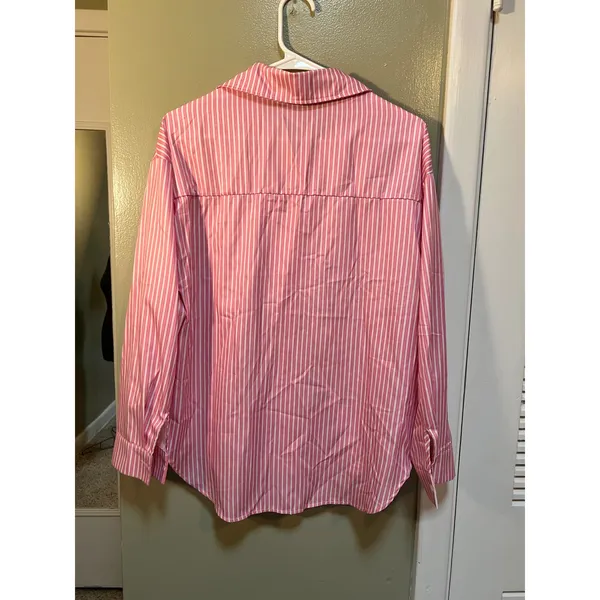 Womens Sz Medium Button Down Shirt Pink White Stripes Satin Long Sleeve Collared - Image 5