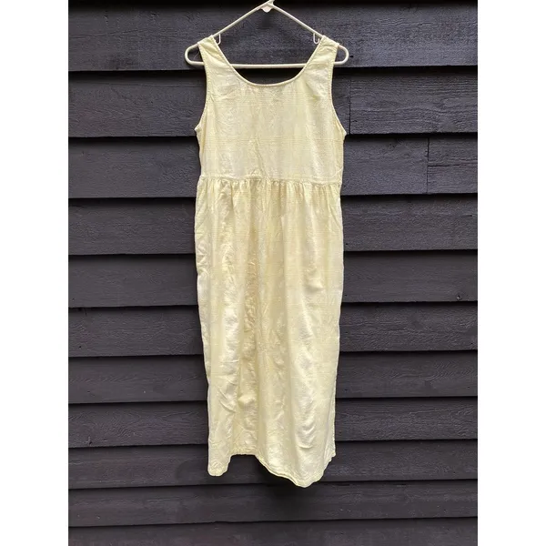 Vtg SITA Butter Yellow Sundress M Cotton Cottage Cabin Boho Plaid Texture Pocket - Image 5