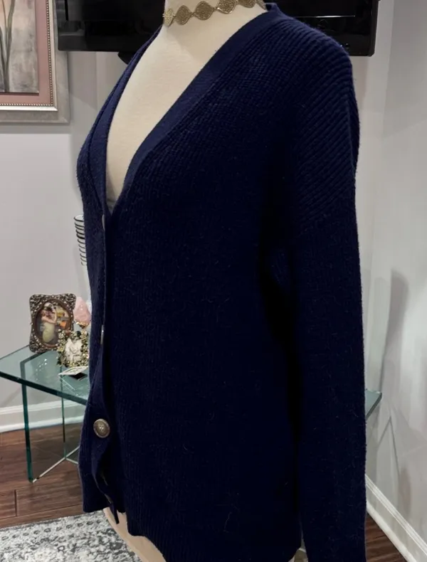 MEROKEETY Classic Navy Ribbed V-Neck Cardigan - Image 6