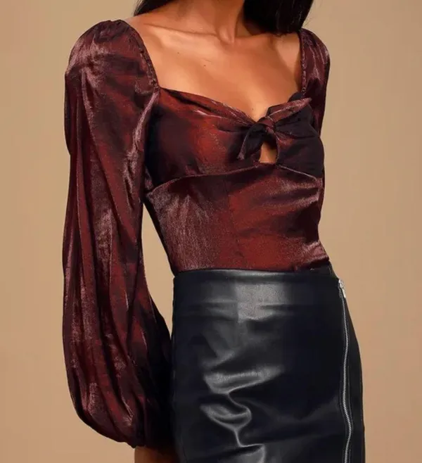 Lulus Chic Perspective Wine Red Satin Tie-Front Puff Sleeve Top - Image 3