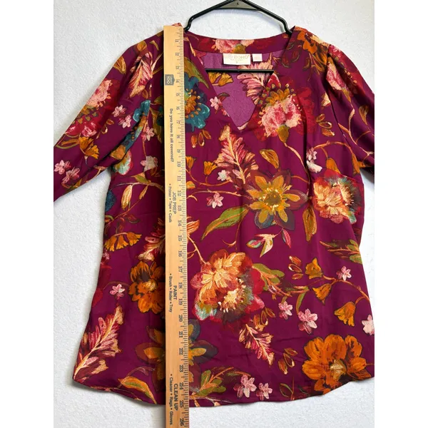 Belle Boho Kim Gravel Burgundy Floral V-Neck Blouse Long Sleeve S - Image 8