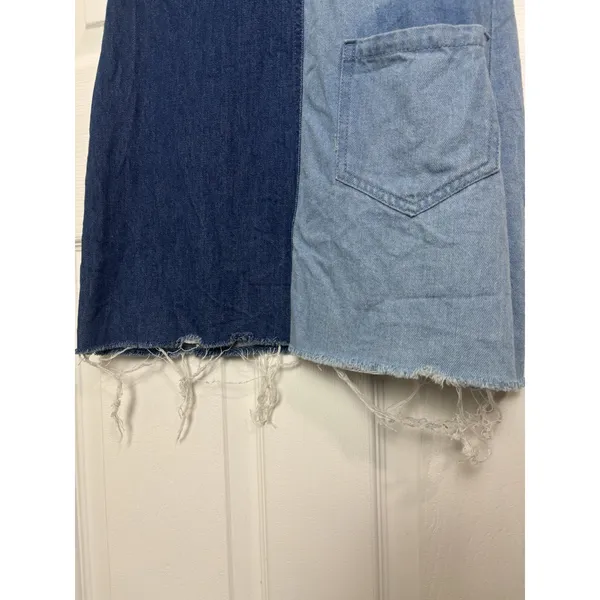 H&M Blue Patchwork Denim Overall Mini Dress 4 Pocket Mixed Media Distressed - Image 5