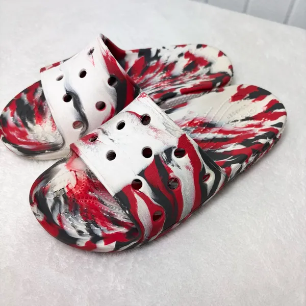 CROCS CLASSIC MARBLED SLIDES Flame Red White Black Unisex Slides‎ Sandals M4 W6 - Image 2