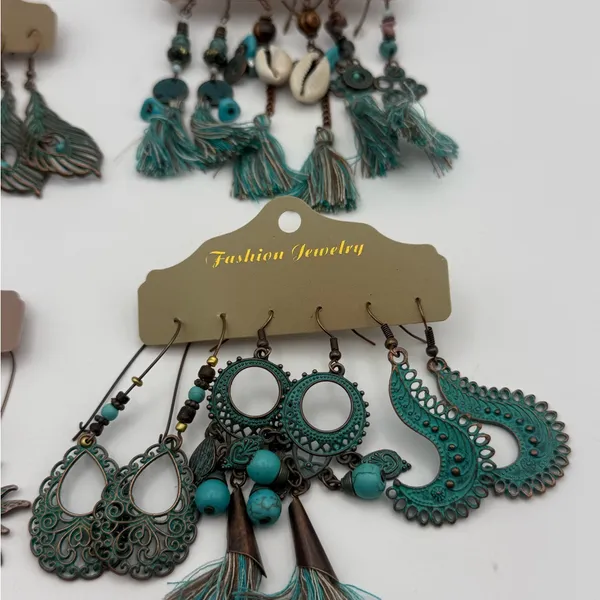 Boho Turquoise 13 Pair Dangle Earrings Bundle | Tassel Feather Shell Bronze - Image 4