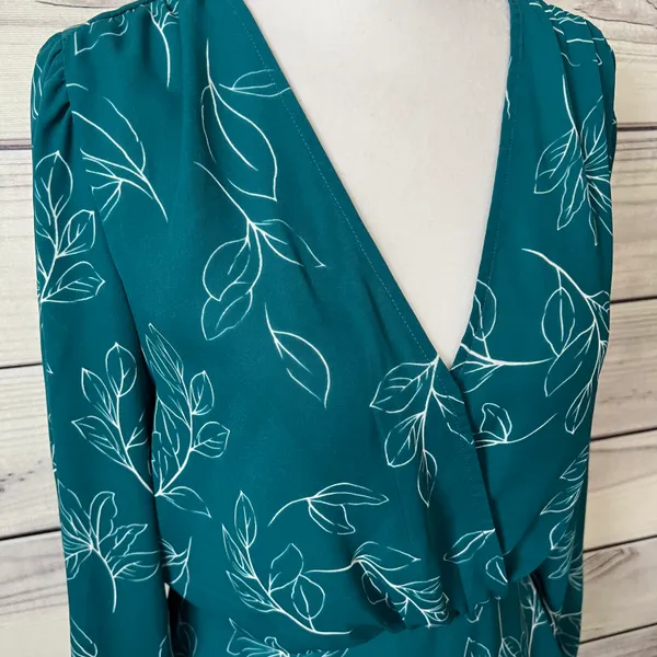 Lush Teal Floral Long Sleeve Peplum V Neck Wrap Blouse - Image 2