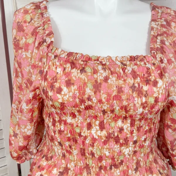 Nanette Lepore Cottagecore Floral Smocked Peplum‎ Puff Sleeve Blouse Pink Large - Image 5
