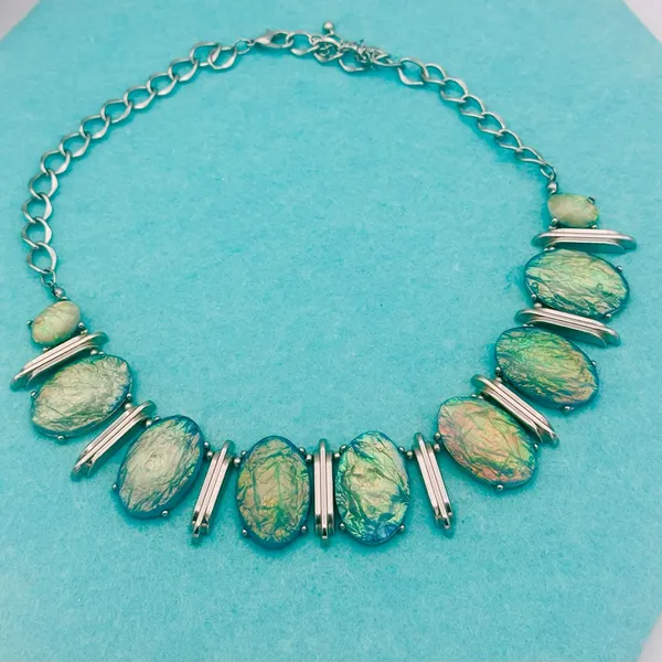 Elegant Statement Silver and Blue Green Iridescent Necklace - Image 4