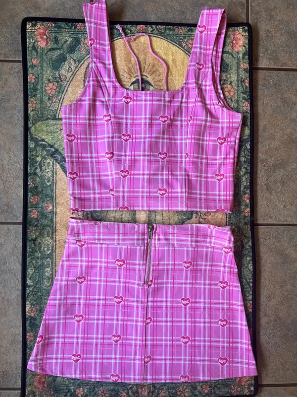 Dolls Kill bratz set Pink Plaid Lace-Up Crop Top & Belted Mini Skirt Set - Image 7