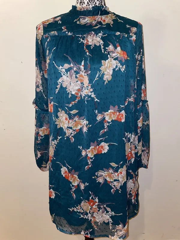 Japna Floral Boho Semi Sheer Mock Neck Bell Sleeve Peasant Dress Size Medium - Image 2
