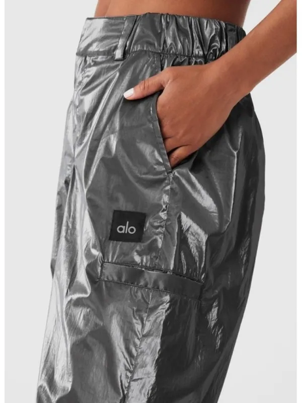 Alo Metallic High-Waist Break Line Joggers Silver Chrome Shiny Hi-Rise Waisted S - Image 3