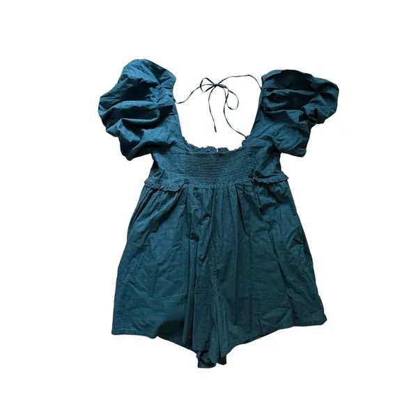 Anthropologie Pilcro Puff-Sleeve Babydoll Romper Playsuit XL Blue Cotton Ruffle - Image 4