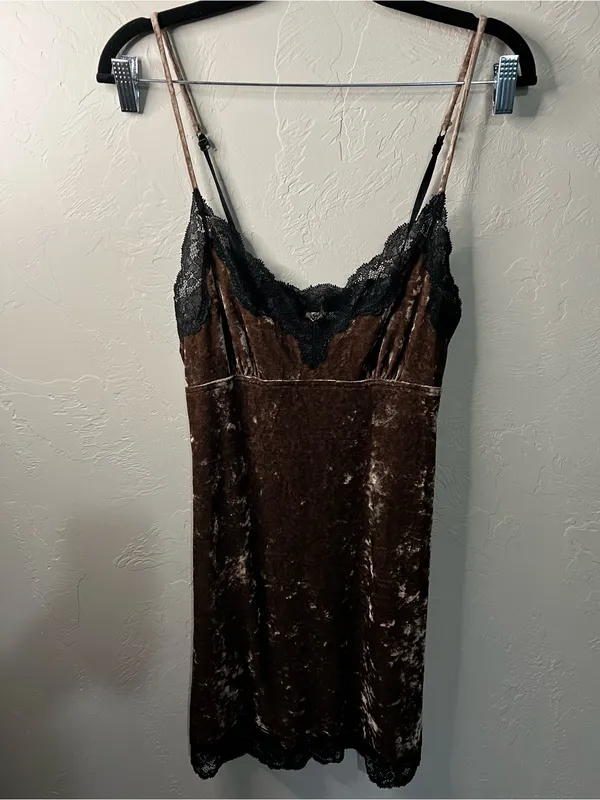 Arianne Vintage 90s Chocolate Brown Velvet Black Lace Slip Mini Dress - Image 2