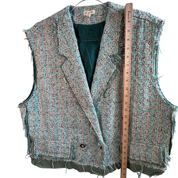 POL Tweed Vest Blazer Sleeveless Jacket Distressed Blue Cream‎ Small Oversized S - Image 5