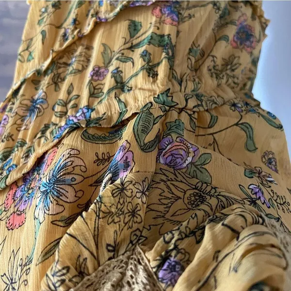 Free People Dress Cassis Midi Maxi Floral Lace Tiered Lined Boho Mustard Yellow - Image 7