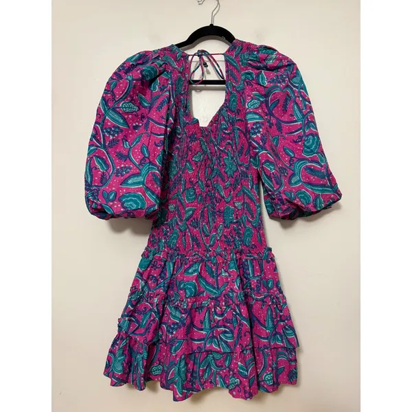 Love The Label Pink Teal‎ Paisley Smocked Puff Sleeve Tiered Mini Dress XS - Image 5