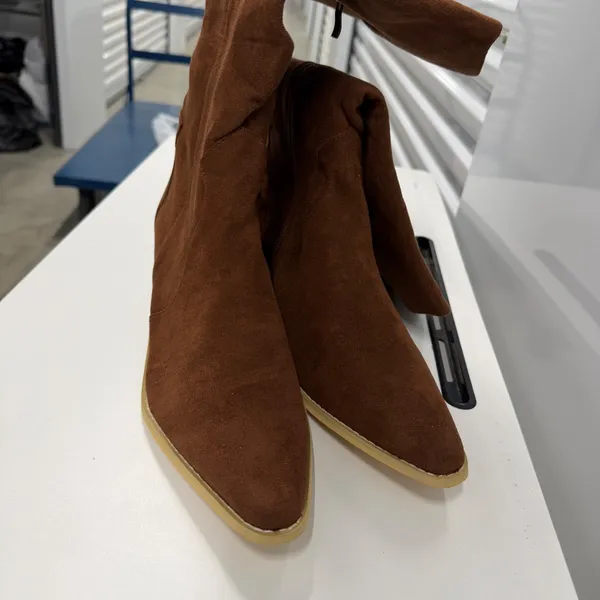 Brown Faux Suede Western Cowboy Boots Pointed Toe Side Zip Block Heel Size 44-12 - Image 9