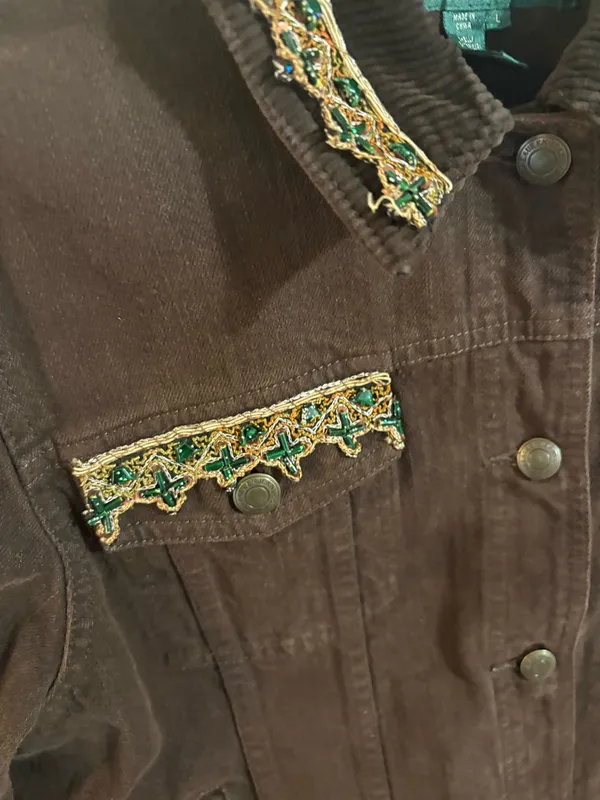 Vintage 90s Lauren Jeans Co Ralph Lauren Beaded Denim Jacket - Brown Embellished Trucker - Size L - Image 3