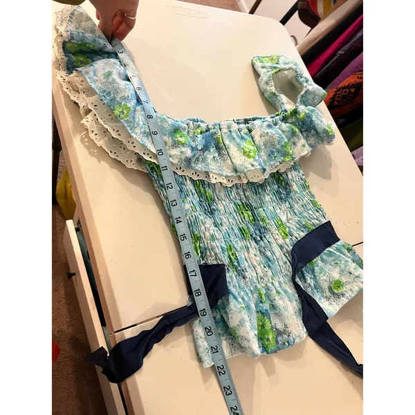 Vintage Handmade Blue Green Floral Print Lace Trim Bow Peplum Top Size Small - Image 5