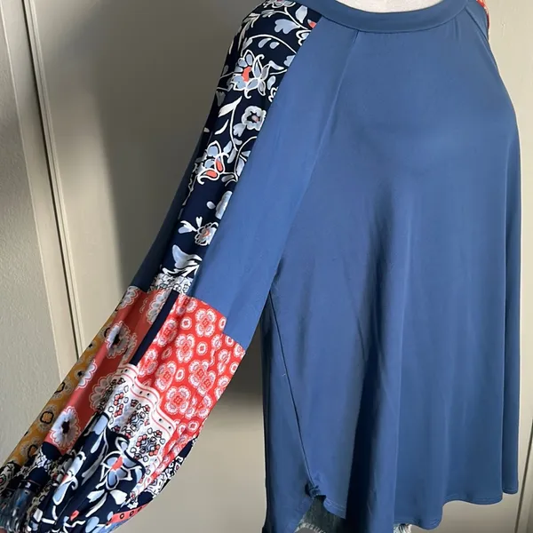New Boho Balloon Sleeve Color Block Patchwork Jersey Knit Top Long Sleeve Blouse - Image 2
