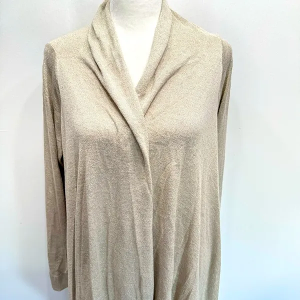 Beige Metallic Open Front Asymmetric Hem Cardigan Wrap Topper Chico’s 1/M - Image 10
