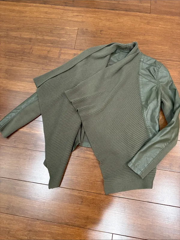 BLANK NYC Olive Green Women's Draped Knit & Faux Leather Jacket, s - Image 2