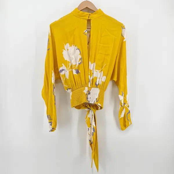 Free People‎ Say You Love Me Yellow Floral Mock Neck Keyhole Wrap Blouse Small - Image 8