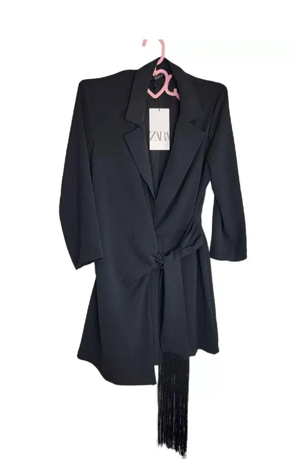 Zara blazer dress with fringes tied wrapped mini tailored black - Image 8