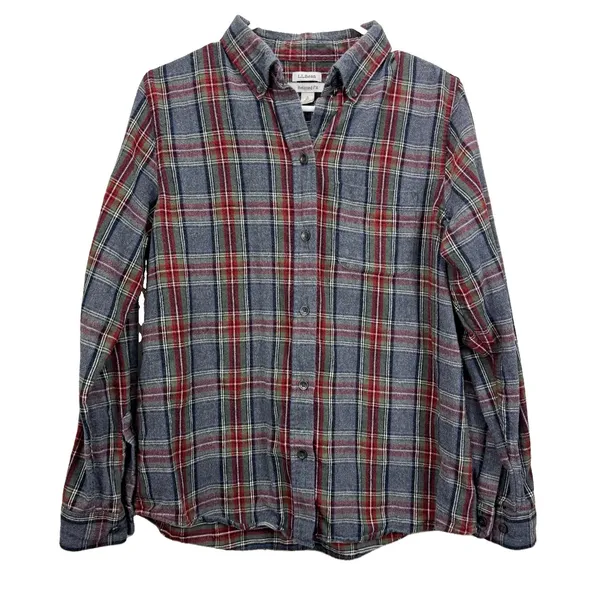 LL Bean Gray Scotch Plaid Cotton Flannel Button Shirt Relaxed Fit SMALL - Image 3