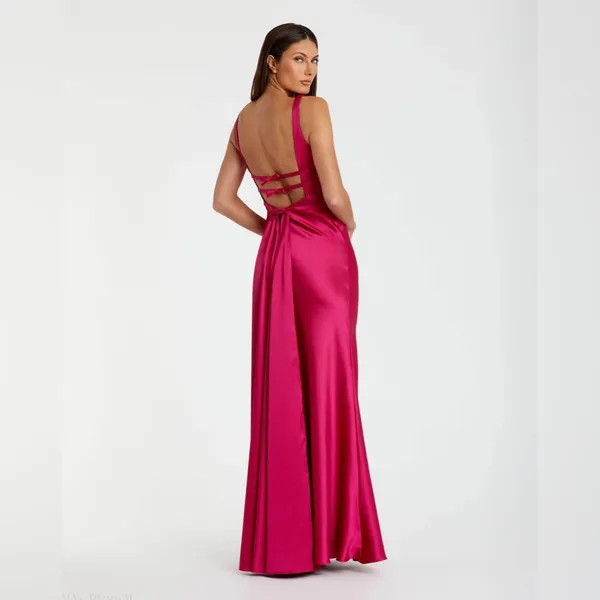 MAC DUGGAL Hot Pink Sleeveless V Neck Satin Gown With Bow Details Size 4 - Image 3