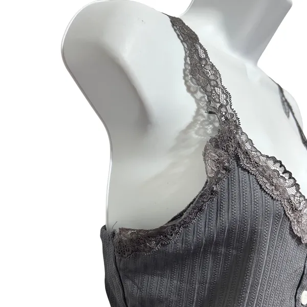 Y2K Women Coquette Grunge Ribbed Lace‎ Trim Tank S Grey Henley Fairy Crop Top - Image 4