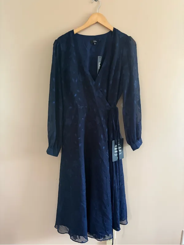 Lulus Evening of Elegance Navy Blue Floral Jacquard Wrap Midi Dress Size XL NWT - Image 4