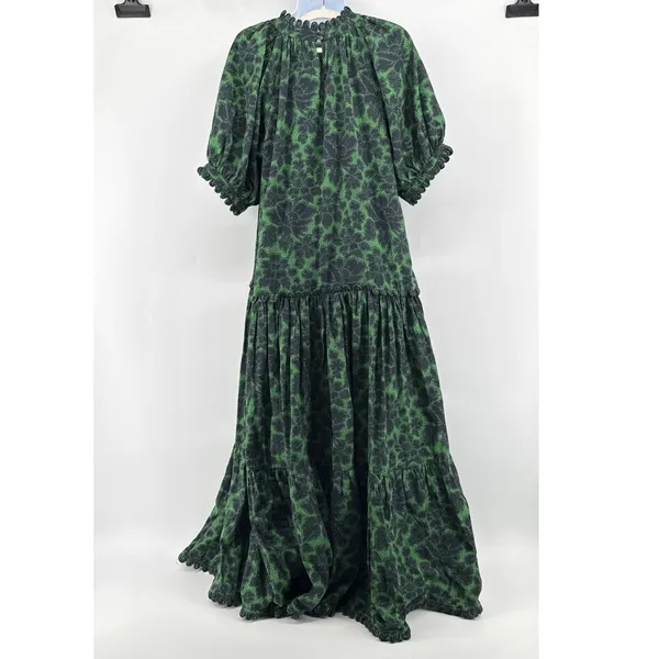 RHODE Aderyn Cotton Linen Tiered Maxi Dress Emerald Savoy Lace Green Black Large - Image 8