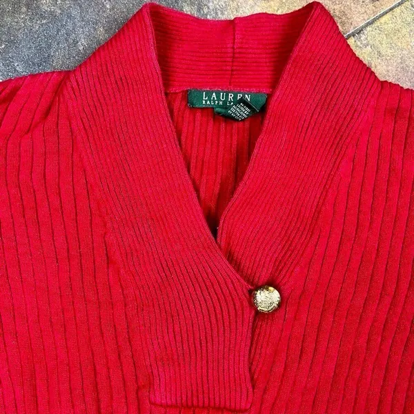 Lauren Ralph Lauren Red Ribbed Sweater Shawl Collar Gold Button Medium - Image 7